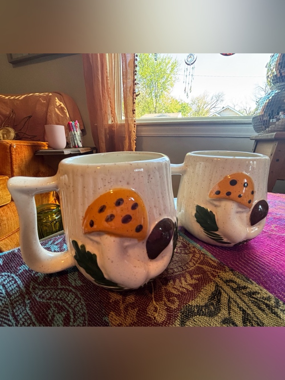 Handcrafted Ceramic Mushroom Mugs - White with Yellow Accent